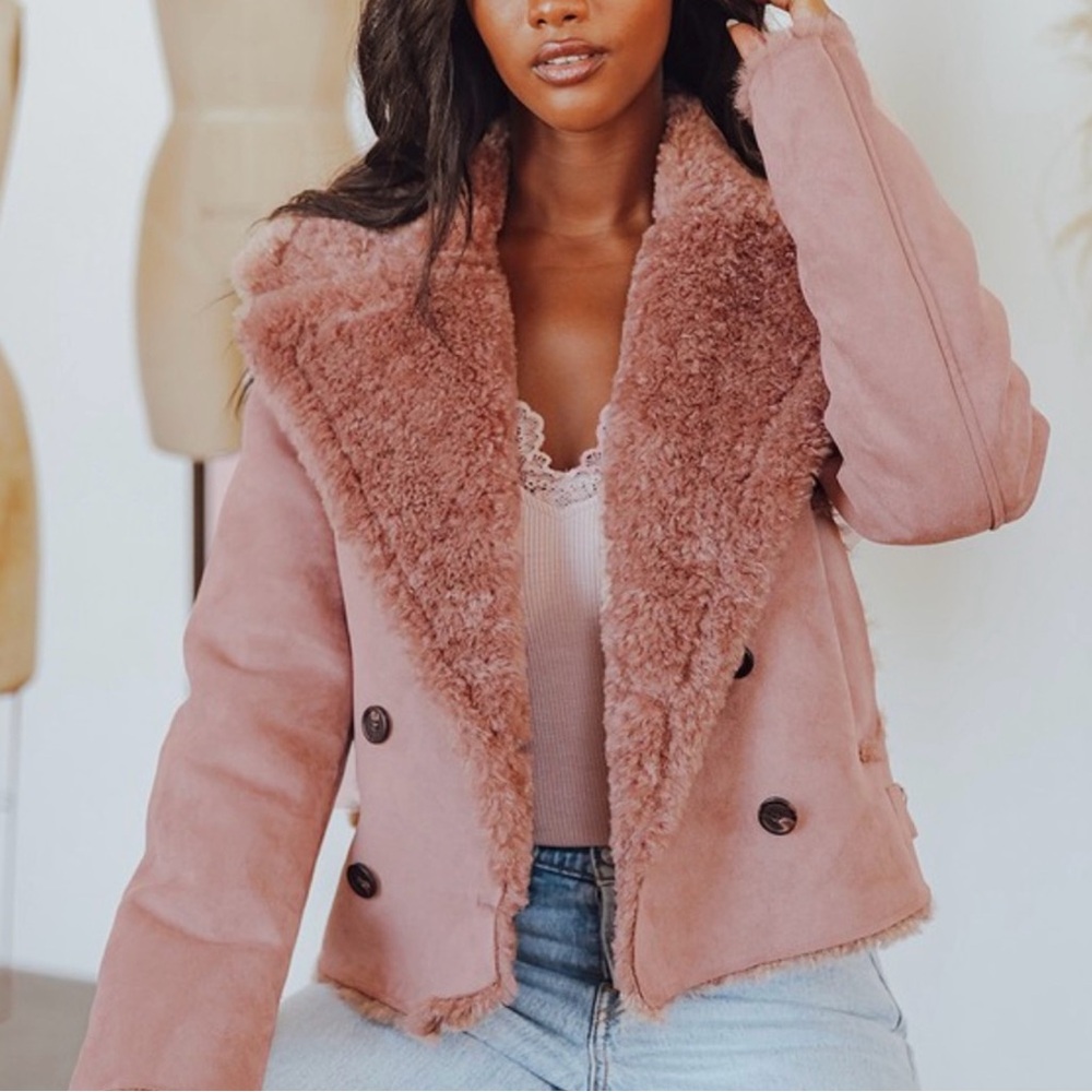 Avec Les Filles Rose Taupe Pink Faux Shearling Cropped Pea Coat Small